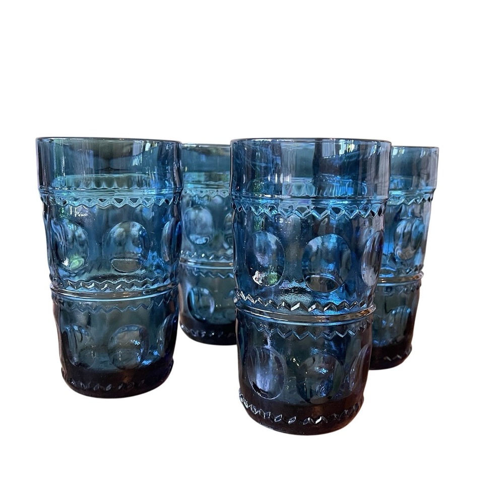 VTG Tiara Kings Crown Thumbprint Riviera Blue Indiana Glass 5.5" Iced Tea qty 4